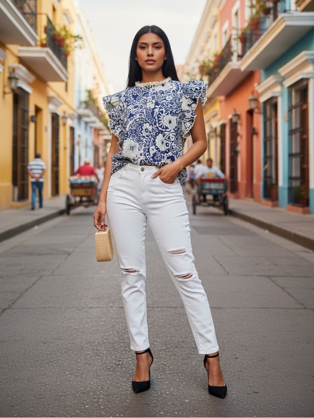 Umgee Navy and Cream Floral Lace-Trim Blouse - Picture 1 of 16